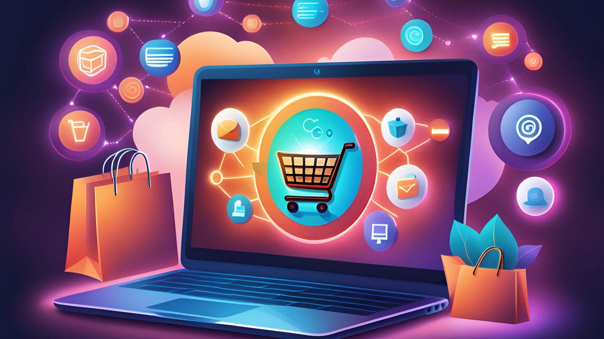 um notebook com imagem de um carrinho de compras