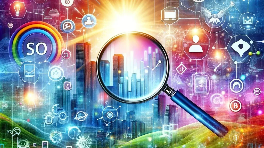 Colagem digital vibrante mostrando a transformação de um negócio através do marketing digital, com elementos como gráficos, redes digitais, ícones de mídias sociais e uma lupa sobre uma página de busca, simbolizando inovação e crescimento no mundo digital.