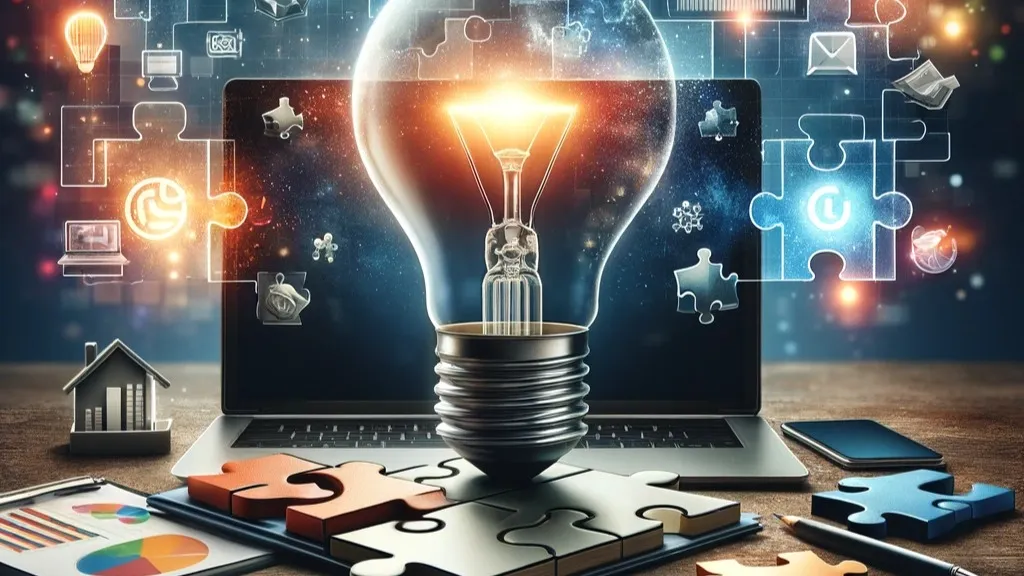 Imagem simbolizando estratégias inovadoras em marketing digital, com uma lâmpada representando inovação, um laptop, gráficos e ícones de mídias sociais, e um quebra-cabeça indicando a integração de táticas de marketing.
